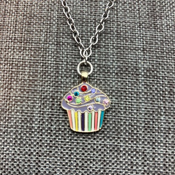 Multicolor Cupcake Pendant Necklace Enamel Rhinestone Silver Chain Barbie Soft G - Picture 3 of 8